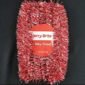 Red & White Silky Tinsel Garland Merry Brite 12ft Christmas Tree Holiday Decor